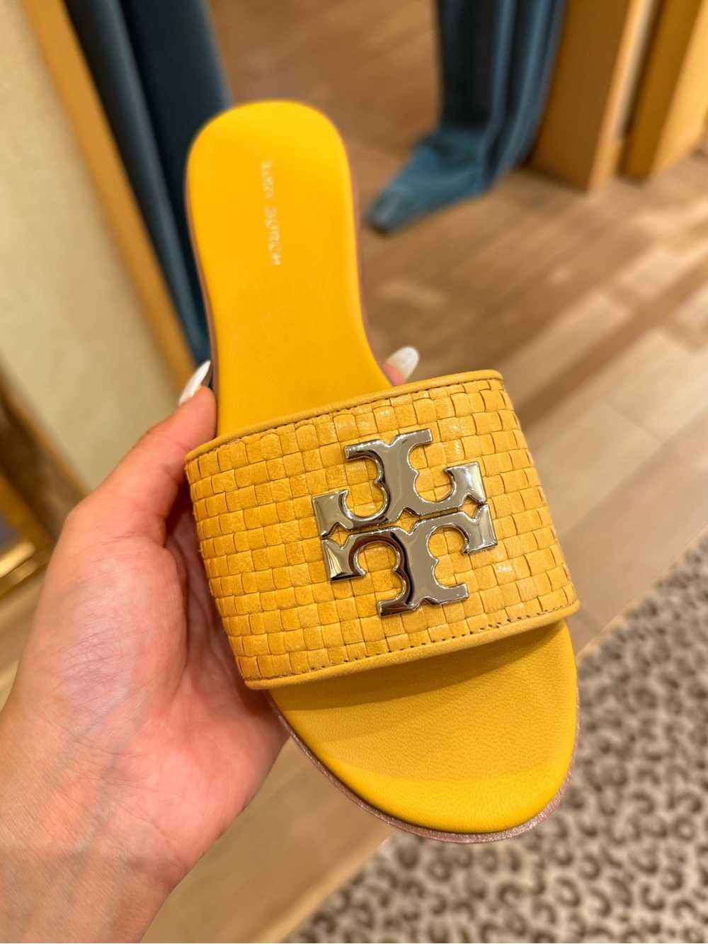 Tory Burch‎ Everly Woven Leather Slide Sandals Deep Sunflower Silver Logo
